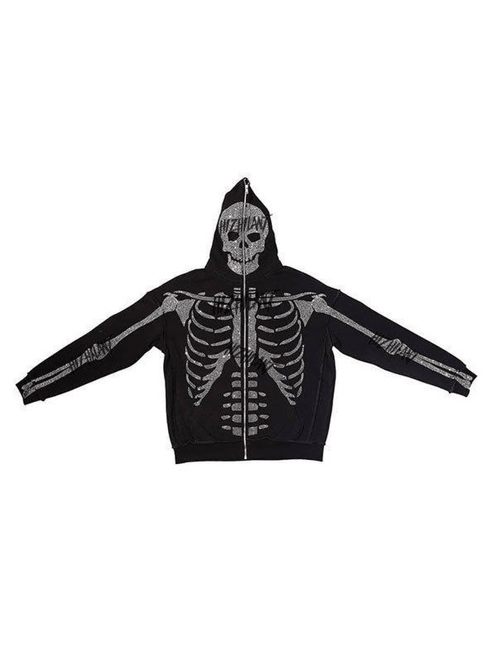 Sudadera con capucha y cremallera con calavera y diamantes de imitación