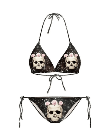 Neckholder-Triangel-Bikiniset mit Totenkopf- und Rosen-Print