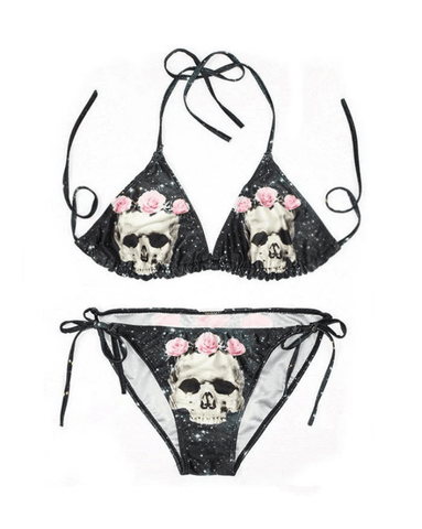 Neckholder-Triangel-Bikiniset mit Totenkopf- und Rosen-Print