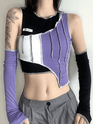 Crop Top mit unregelmäßigem Patchwork-Muster und Ärmeldetail