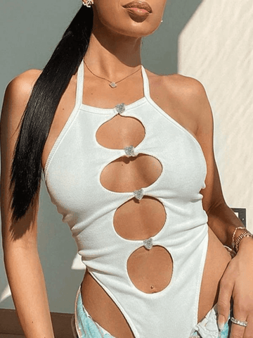 Sleeveless Cutout Halter Ribbed Bodysuit