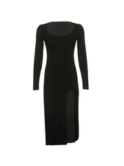 Slit Velvet Long Sleeve Black Maxi Dress