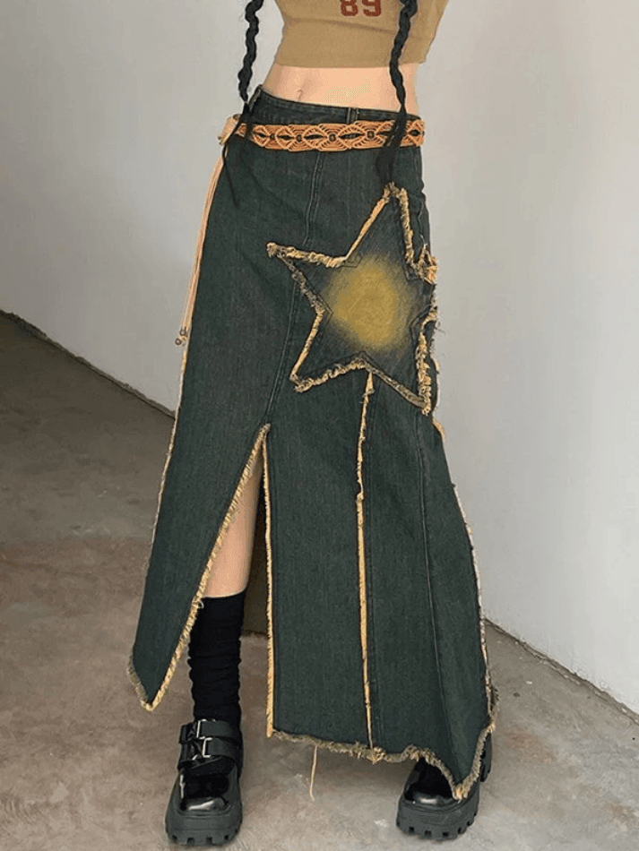 Slit Vintage Star Embroidered Denim Maxi Skirt