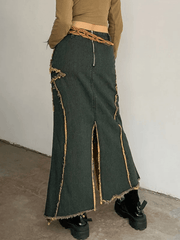 Slit Vintage Star Embroidered Denim Maxi Skirt
