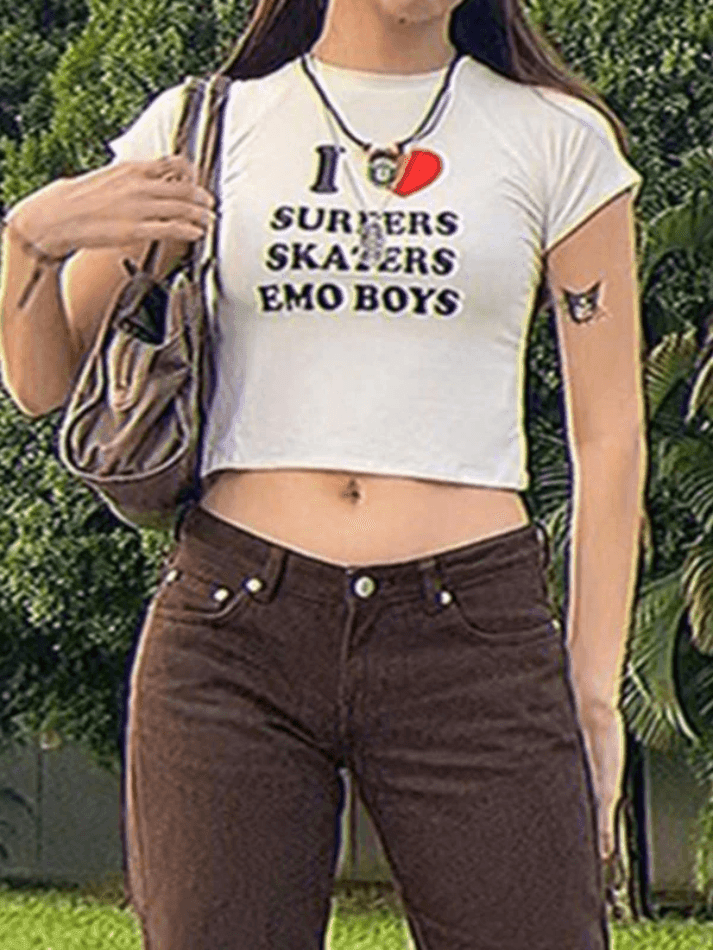 Kurzärmliges Crop-Top mit Slogan-Print