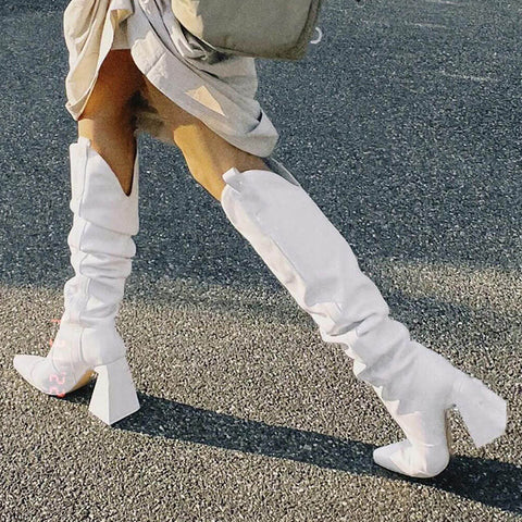 Slouchy Pointed Toe Sculptural Block Heel Knee High Boots - White