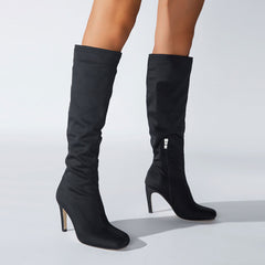 Slouchy Square Toe Side Zipper Stiletto Heel Knee High Boots - Black