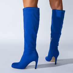 Slouchy Square Toe Side Zipper Stiletto Heel Knee High Boots - Royal Blue