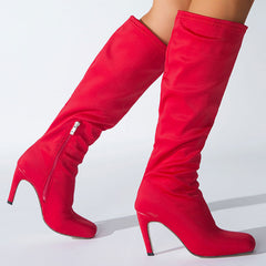 Slouchy Square Toe Side Zipper Stiletto Heel Knee High Boots - Red