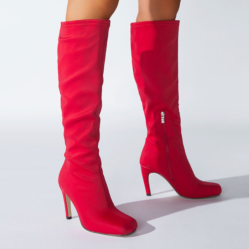 Slouchy Square Toe Side Zipper Stiletto Heel Knee High Boots - Red