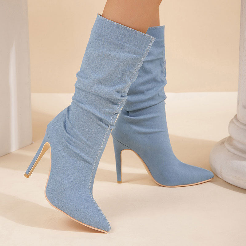 Slouchy Style Pointed Toe High Heel Denim Ankle Boots - Light Blue