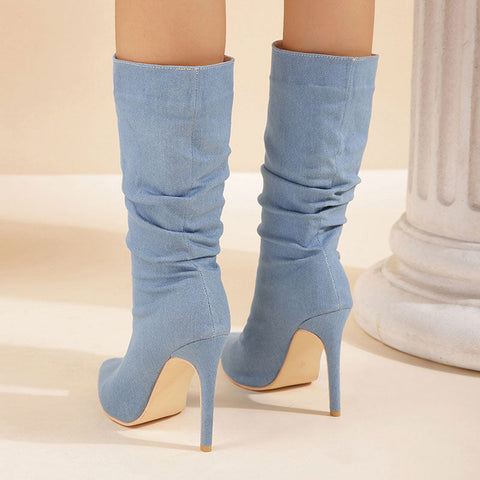 Slouchy Style Denim Ankle Boots mit spitzer Zehenpartie und hohem Absatz - Hellblau