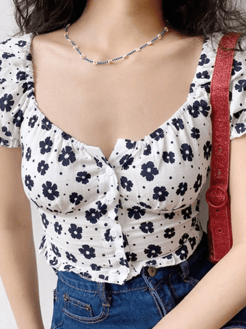 Smock Floral Cropped Short Sleeve Blouse