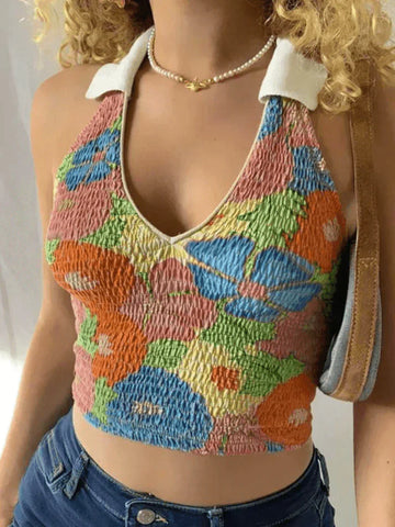 Smocked Halter Cropped Tank Top