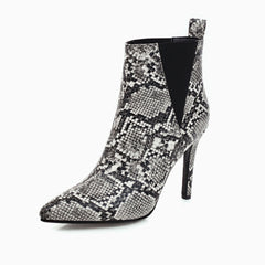 Wild Style Snake Effect Pointed Toe High Heeled Ankle Boots - Black