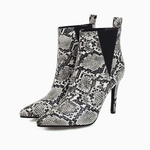 Wild Style Snake Effect Pointed Toe High Heeled Ankle Boots - Black