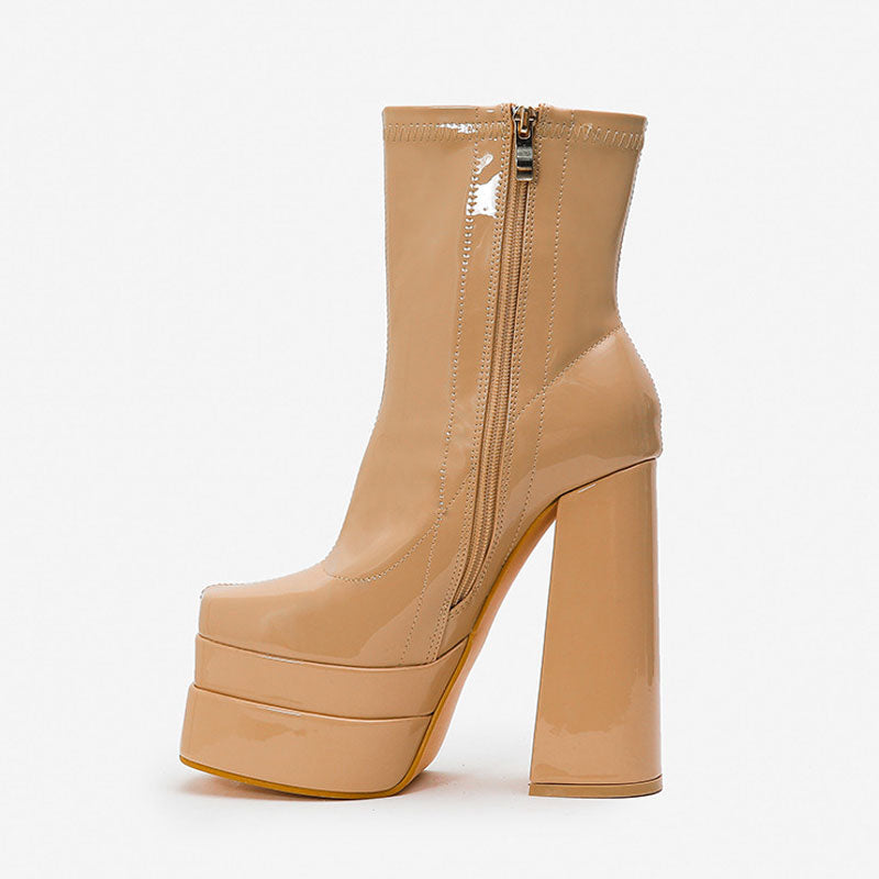 Solid Color Patent Chunky High Heel Platform Ankle Boots - Apricot