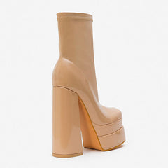 Solid Color Patent Chunky High Heel Platform Ankle Boots - Apricot