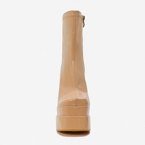 Botines de plataforma con tacón alto grueso y charol de color liso - Albaricoque