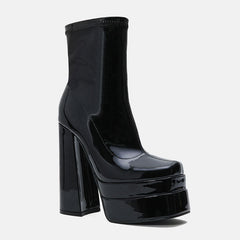 Solid Color Patent Chunky High Heel Platform Ankle Boots - Black