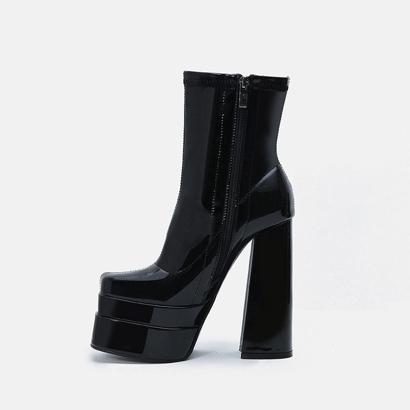 Solid Color Patent Chunky High Heel Platform Ankle Boots - Black