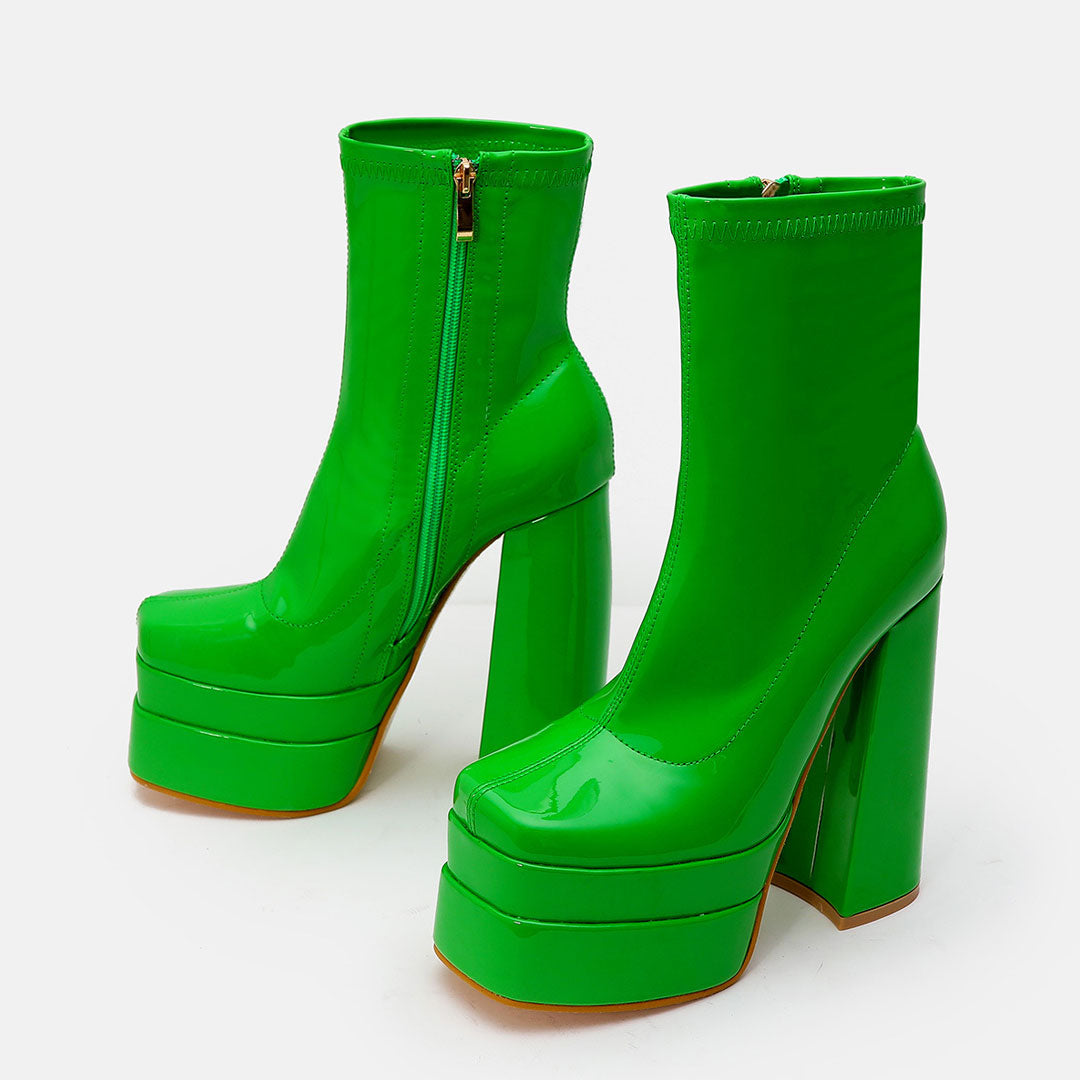Solid Color Patent Chunky High Heel Platform Ankle Boots - Green