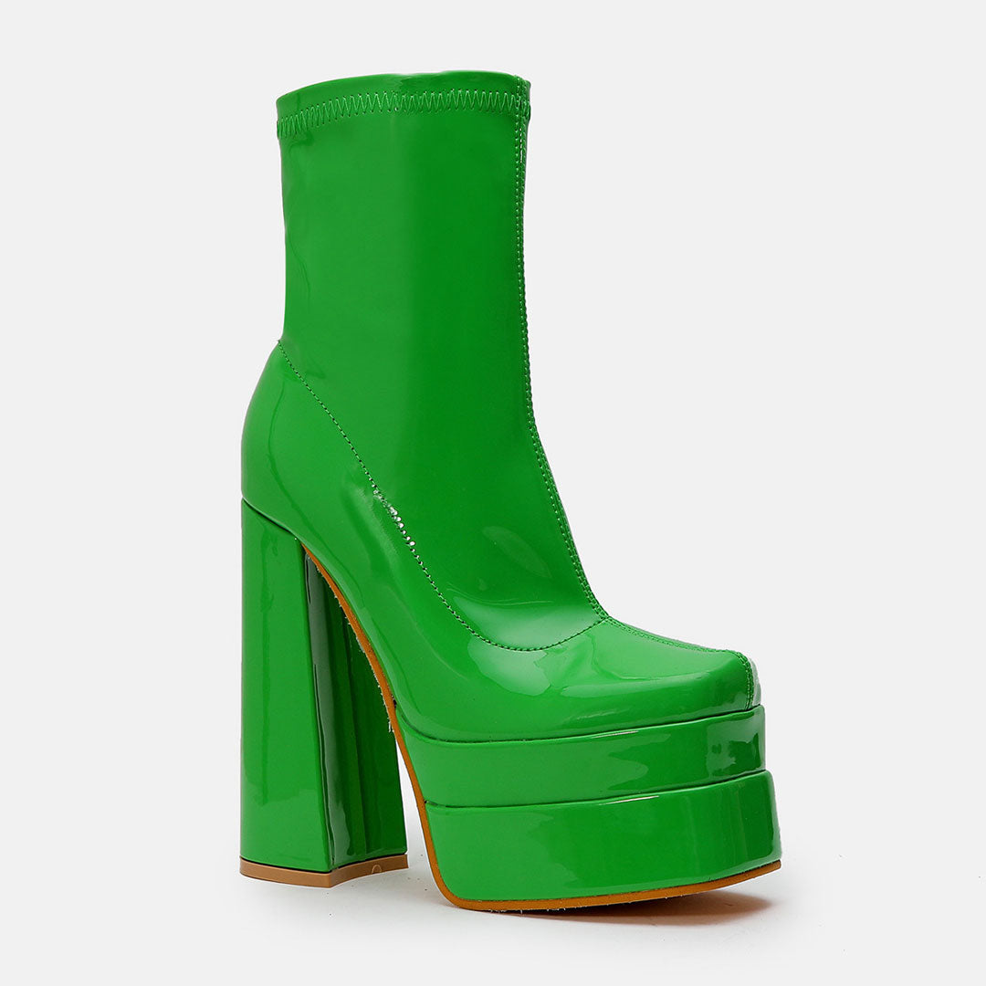 Solid Color Patent Chunky High Heel Platform Ankle Boots - Green