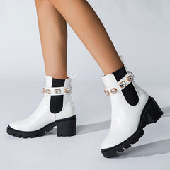 Sparkly Crystal Trim Lug Sole Round Toe Chunky Heel Ankle Boots - White