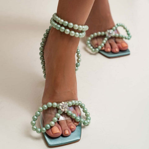 Sandalias de mariposa con tacón alto y tiras de perlas brillantes - Verde