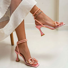 Sparkly Pearl Strap Unique High Heels Butterfly Sandals - Pink
