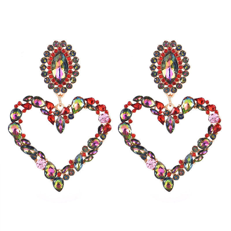Sparkly Rhinestone Heart Statement Drop Earrings - Multicolor