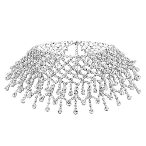 Sparkly Rhinestone Chain Fringe Statement Choker Necklace - Silver