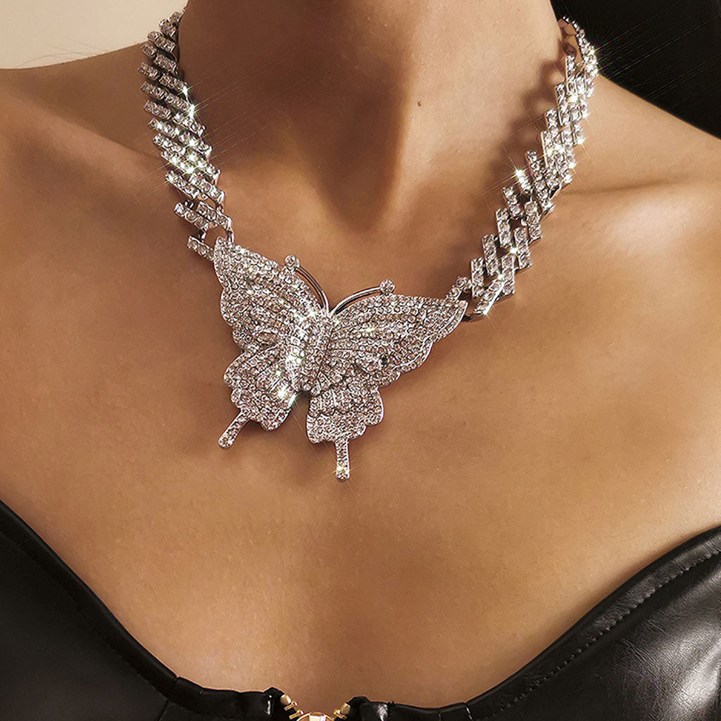 Sparkly Rhinestone Embellished Butterfly Charm Statement Necklace - Silver
