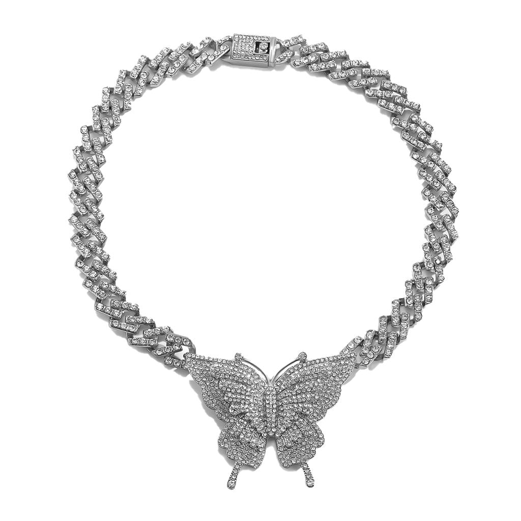 Sparkly Rhinestone Embellished Butterfly Charm Statement Necklace - Silver