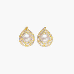 Sparkly Rhinestone Pearlized Trimmed Stud Earrings - Gold