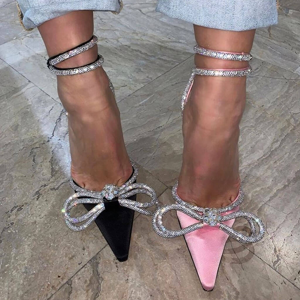 Sparkly Rhinestone Pointed Toe Ankle Strap Satin Butterfly Heels - Pink