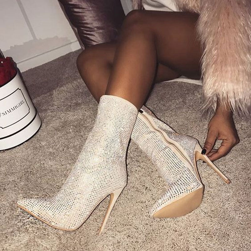 Sparkly Rhinestone Pointed Toe High Heeled Suede Ankle Boots - Beige