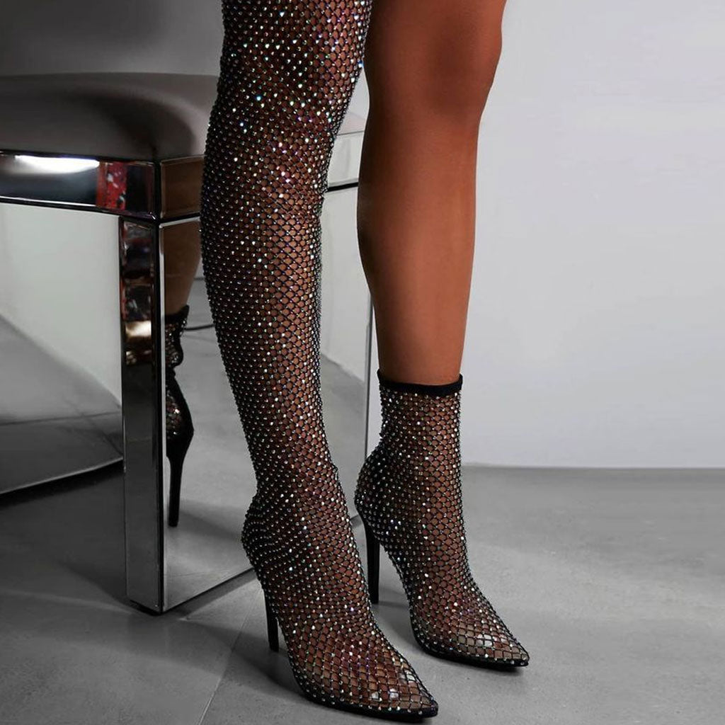 Sparkly Rhinestone Pointed Toe Naked Mesh Ankle Boots - Black