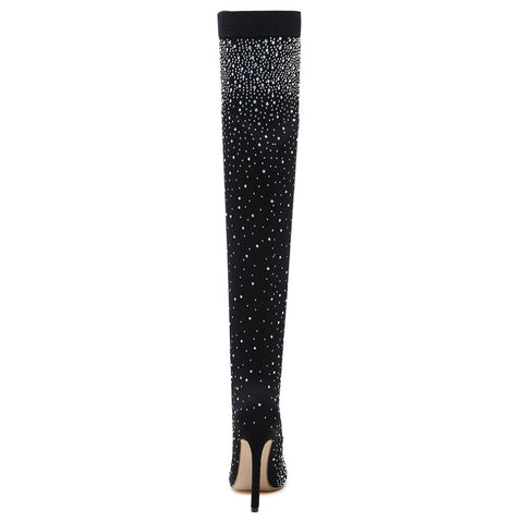 Sparkly Rhinestone Pointed Toe Stiletto Heel Thigh High Boots - Black