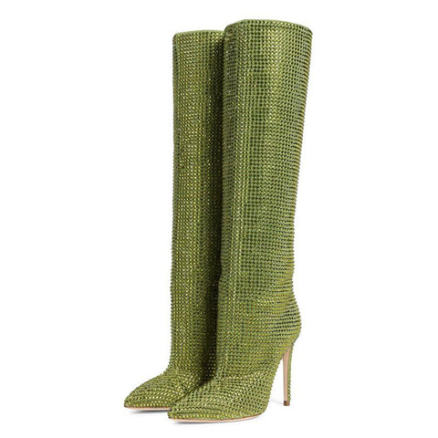 Botas altas hasta el muslo con tacón de aguja y punta puntiaguda con brillantes diamantes de imitación - Verde