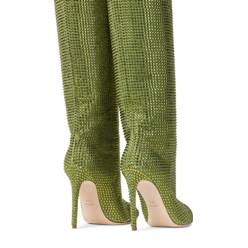 Sparkly Rhinestone Pointed Toe Stiletto Heel Thigh High Boots - Green