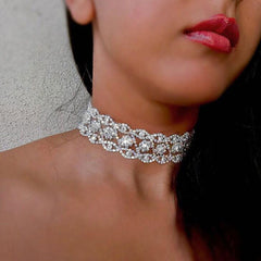 Sparkly Rhinestone Scalloped Chain Statement Choker Necklace - Silver