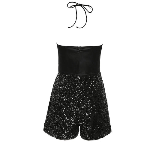 Sparkly Sequin Bow Embellished Halter Neck Party Romper - Black