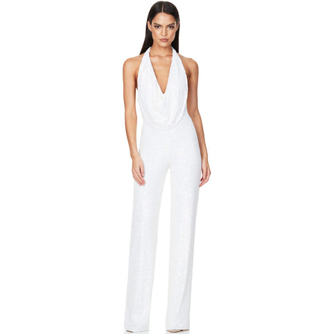 Sparkly Sequin Halter Cowl Neck Wide Leg Jumpsuit - White