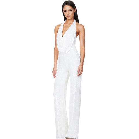 Sparkly Sequin Halter Cowl Neck Wide Leg Jumpsuit - White