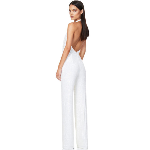 Sparkly Sequin Halter Cowl Neck Wide Leg Jumpsuit - White