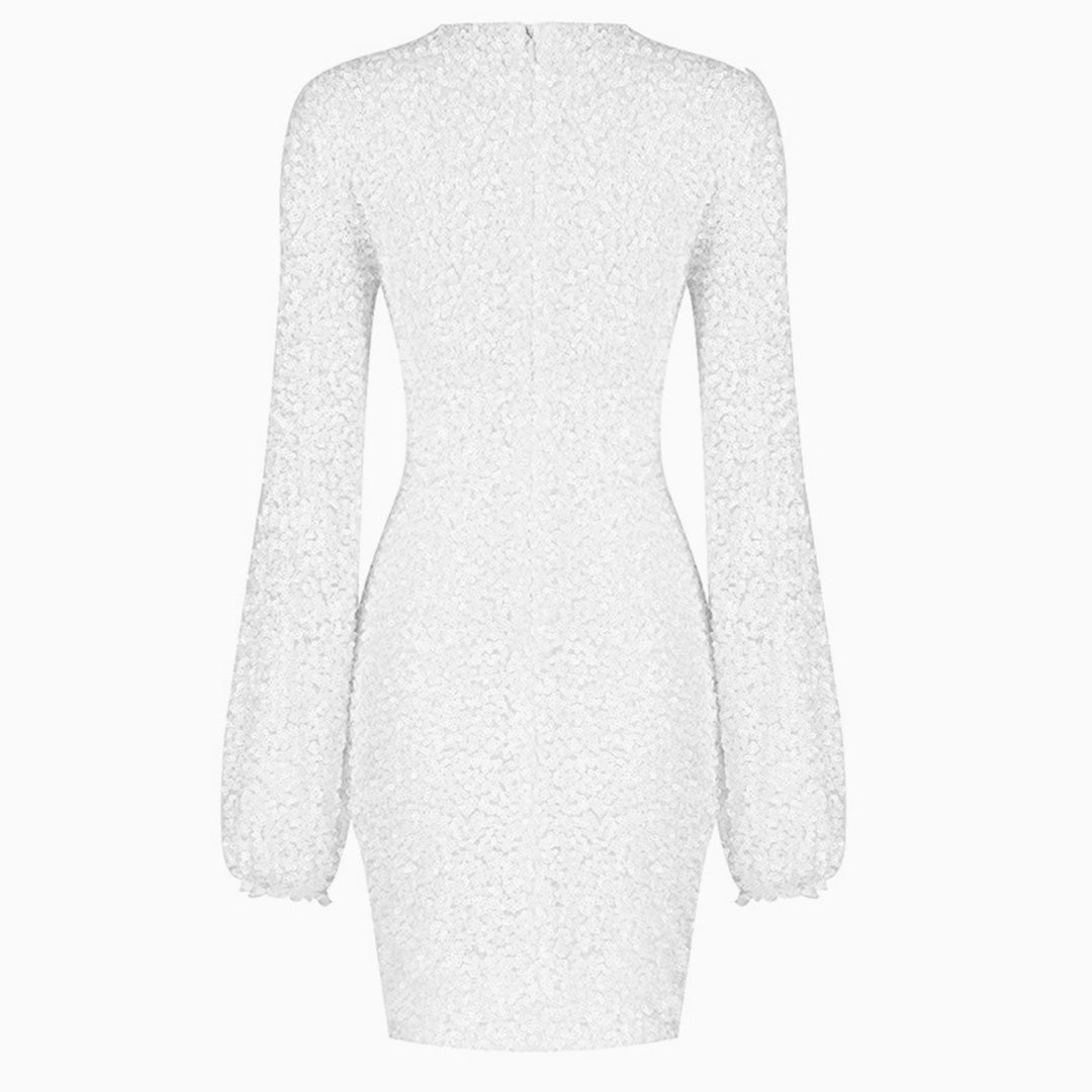 Sparkly Sequin Lacy Long Sleeve Party Mini Dress - White