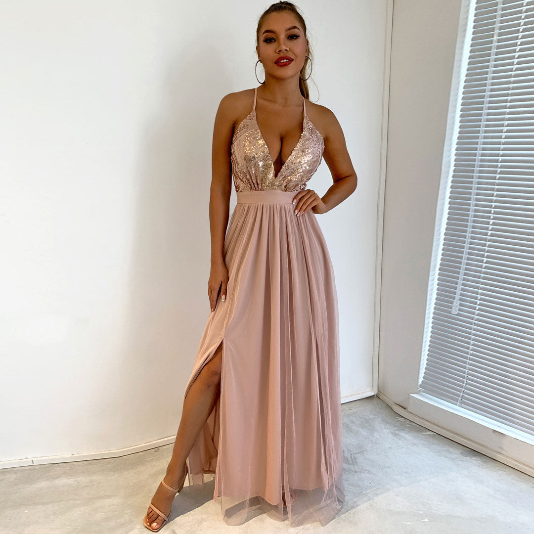 Sparkly Sequin Panel Mesh Deep V Backless Evening Maxi Dress