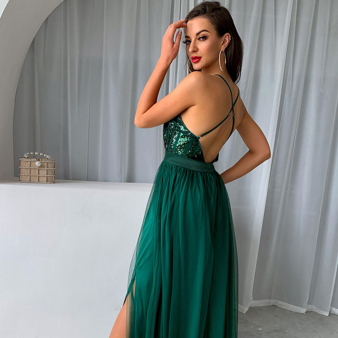 Sparkly Sequin Panel Mesh Deep V Evening Maxi Dress - Emerald Green