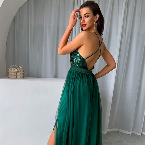 Vestido largo de noche con escote en V profundo, malla y paneles de lentejuelas brillantes - Verde esmeralda